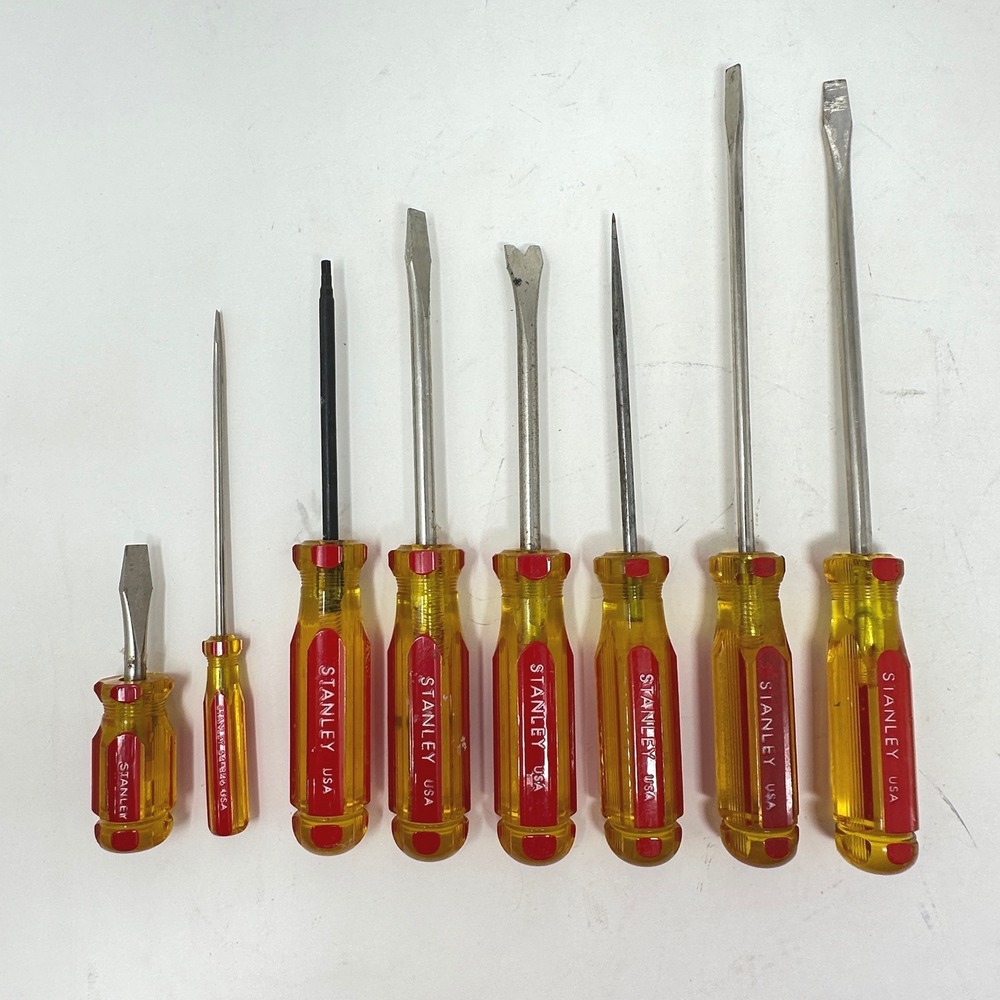 VTG Stanley USA Screwdriver Set 8pc Yellow Red Handle Slotted Awl Tack Puller